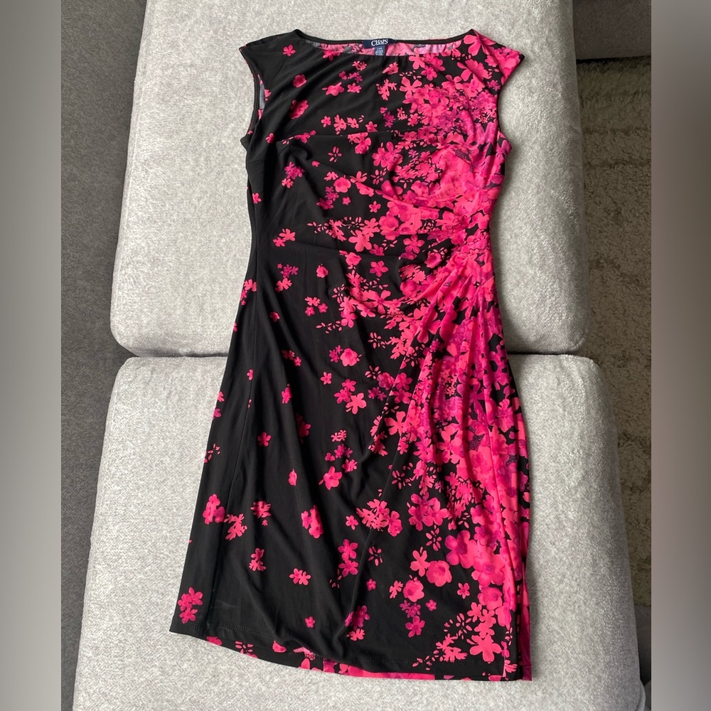 Chaps Black w/Pink Flowers Sleeveless Side Ruched Stretch Jersey Sheath Dress